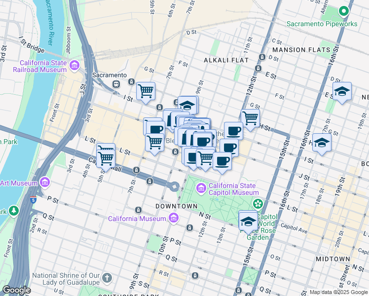 map of restaurants, bars, coffee shops, grocery stores, and more near 1010 10th Street in Sacramento