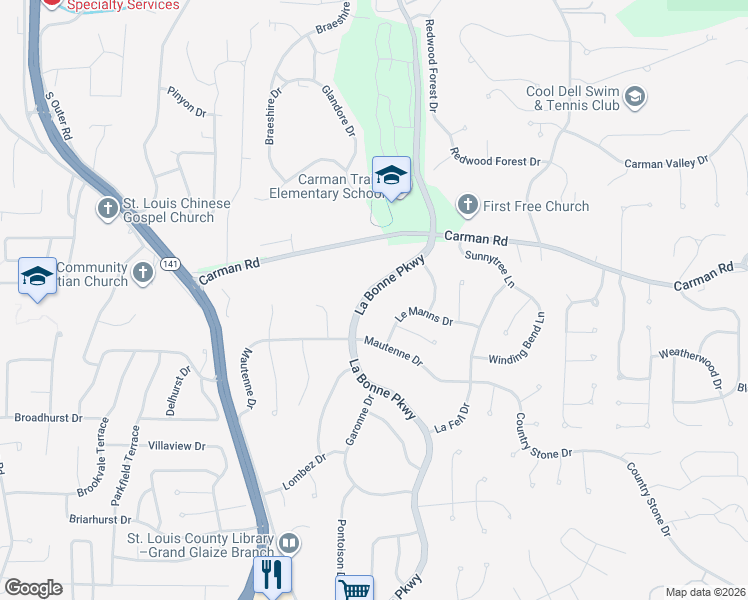 map of restaurants, bars, coffee shops, grocery stores, and more near 714 La Bonne Parkway in Ballwin