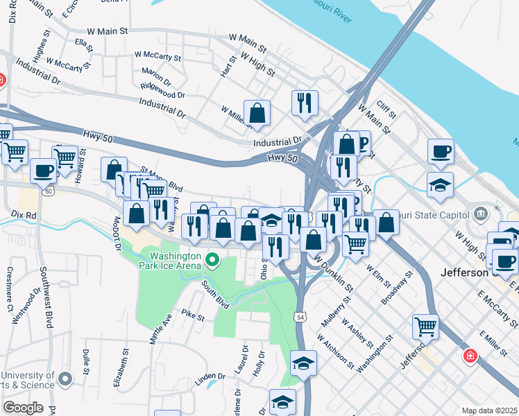 map of restaurants, bars, coffee shops, grocery stores, and more near 911 Saint Marys Boulevard in Jefferson City