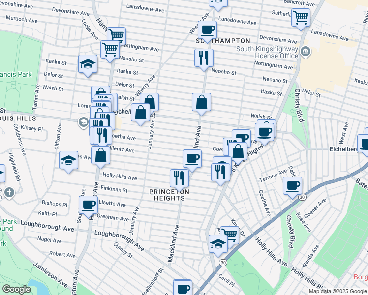 map of restaurants, bars, coffee shops, grocery stores, and more near 5426 Goethe Avenue in St. Louis