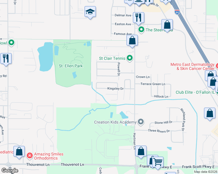 map of restaurants, bars, coffee shops, grocery stores, and more near 1452 Kingsley Drive in Shiloh