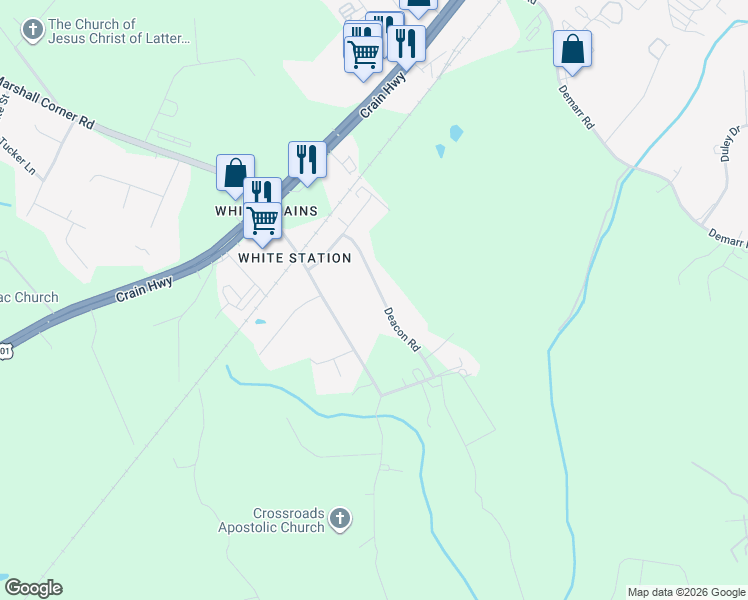 map of restaurants, bars, coffee shops, grocery stores, and more near 10549 Deacon Road in White Plains