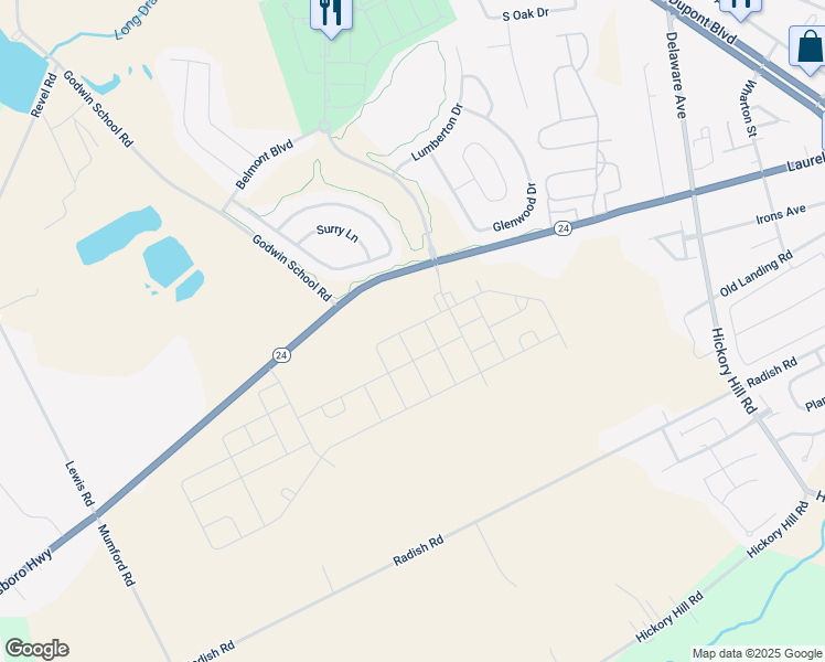 map of restaurants, bars, coffee shops, grocery stores, and more near 29312 Oxford Drive in Millsboro