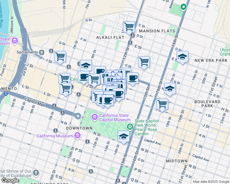 map of restaurants, bars, coffee shops, grocery stores, and more near 922 12th Street in Sacramento