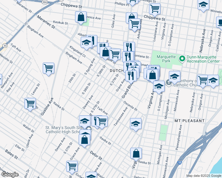 map of restaurants, bars, coffee shops, grocery stores, and more near 4314 South 37th Street in St. Louis
