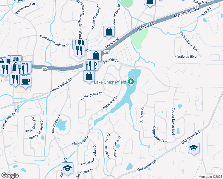 map of restaurants, bars, coffee shops, grocery stores, and more near 114 Watercrest Court in Wildwood