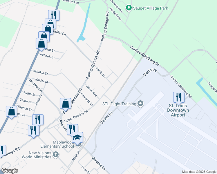 map of restaurants, bars, coffee shops, grocery stores, and more near 1519 Upper Cahokia Road in Cahokia