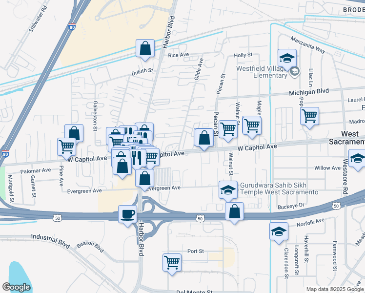 map of restaurants, bars, coffee shops, grocery stores, and more near 2540 West Capitol Avenue in West Sacramento