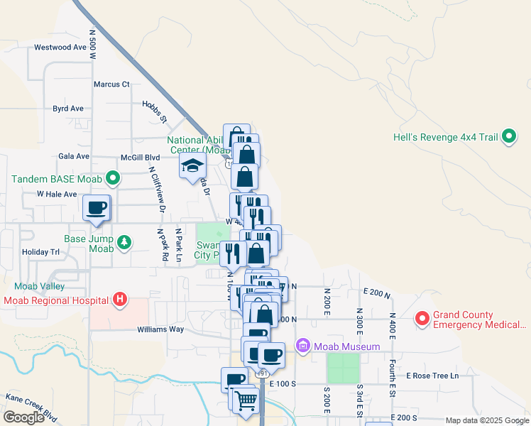 map of restaurants, bars, coffee shops, grocery stores, and more near 452 North Main Street in Moab