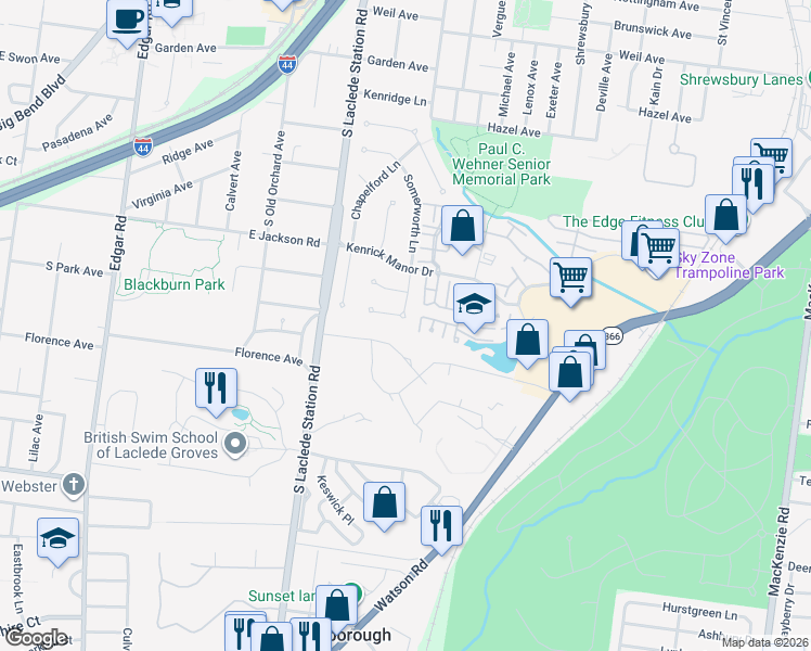 map of restaurants, bars, coffee shops, grocery stores, and more near 7800 Robin Meadow Court in St. Louis