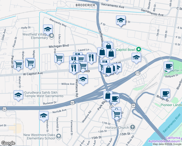 map of restaurants, bars, coffee shops, grocery stores, and more near 1511 W Capitol Ave in West Sacramento