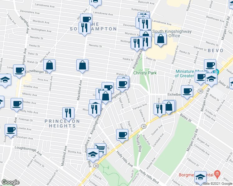 map of restaurants, bars, coffee shops, grocery stores, and more near 5509 South Kingshighway Boulevard in St. Louis