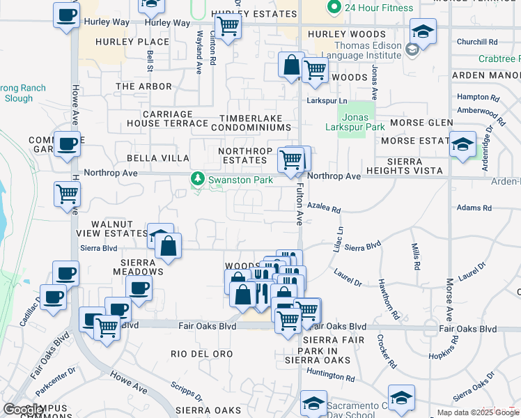 map of restaurants, bars, coffee shops, grocery stores, and more near 760 Carro Drive in Sacramento