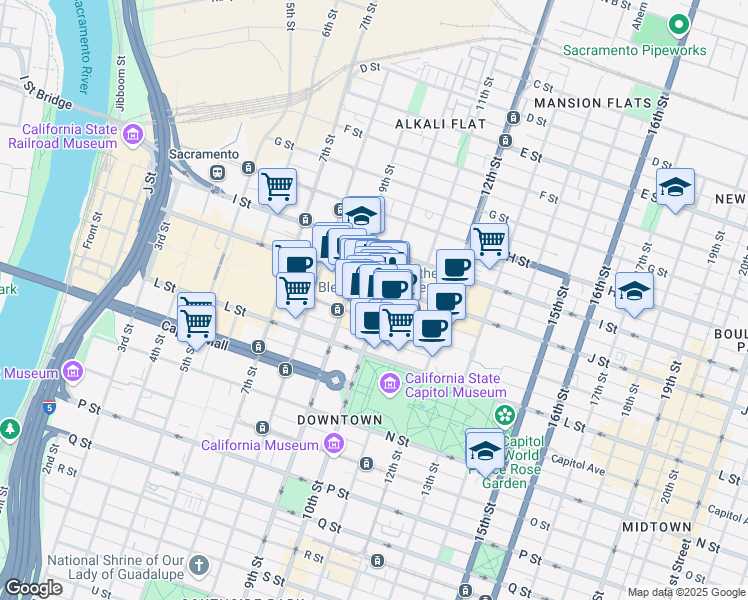 map of restaurants, bars, coffee shops, grocery stores, and more near 1010 10th Street in Sacramento