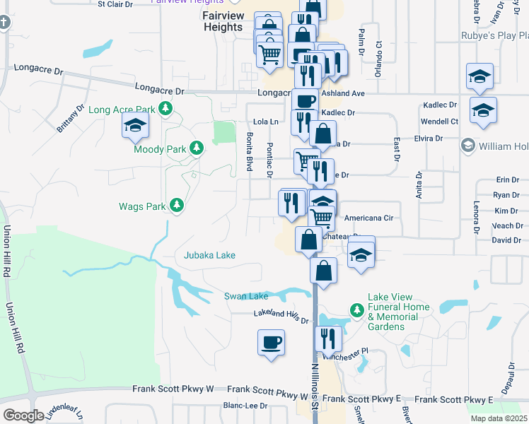 map of restaurants, bars, coffee shops, grocery stores, and more near 15 Hollandia Drive in Fairview Heights