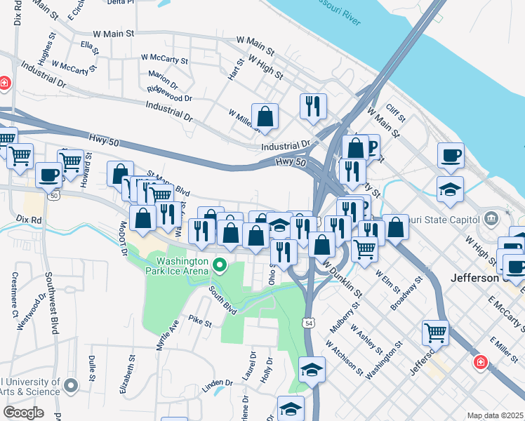 map of restaurants, bars, coffee shops, grocery stores, and more near 911 Saint Marys Boulevard in Jefferson City