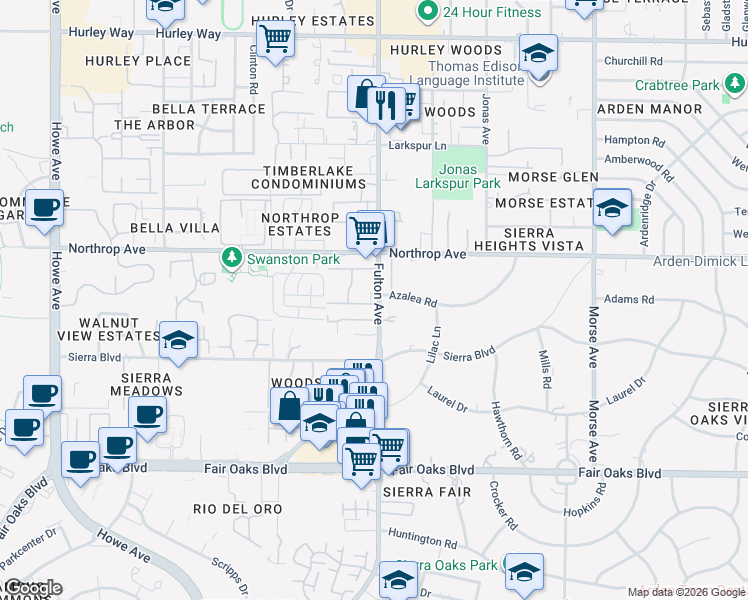 map of restaurants, bars, coffee shops, grocery stores, and more near 2590 Azalea Road in Sacramento