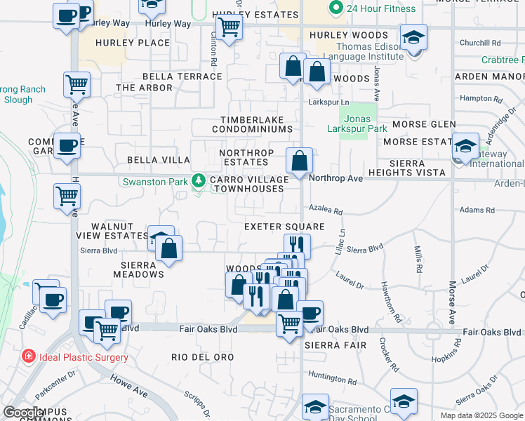 map of restaurants, bars, coffee shops, grocery stores, and more near 760 Carro Drive in Sacramento