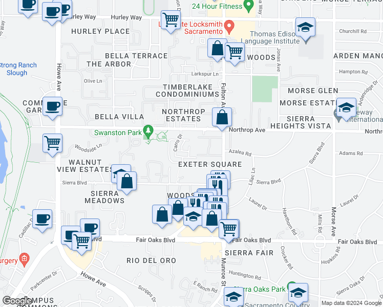 map of restaurants, bars, coffee shops, grocery stores, and more near 760 Carro Drive in Sacramento