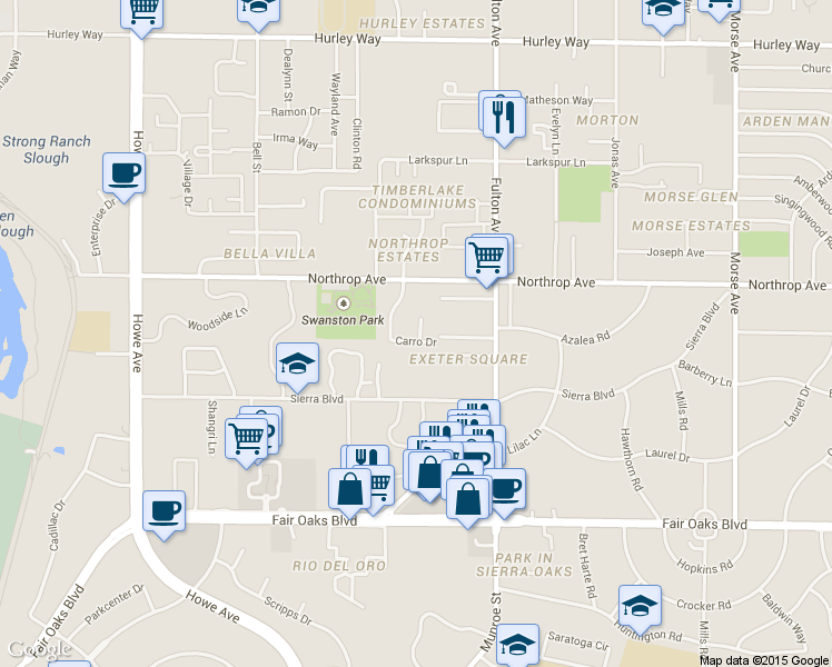 map of restaurants, bars, coffee shops, grocery stores, and more near 760 Carro Drive in Sacramento