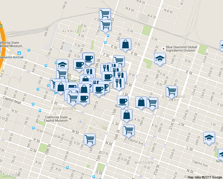 map of restaurants, bars, coffee shops, grocery stores, and more near 1300 I Street in Sacramento