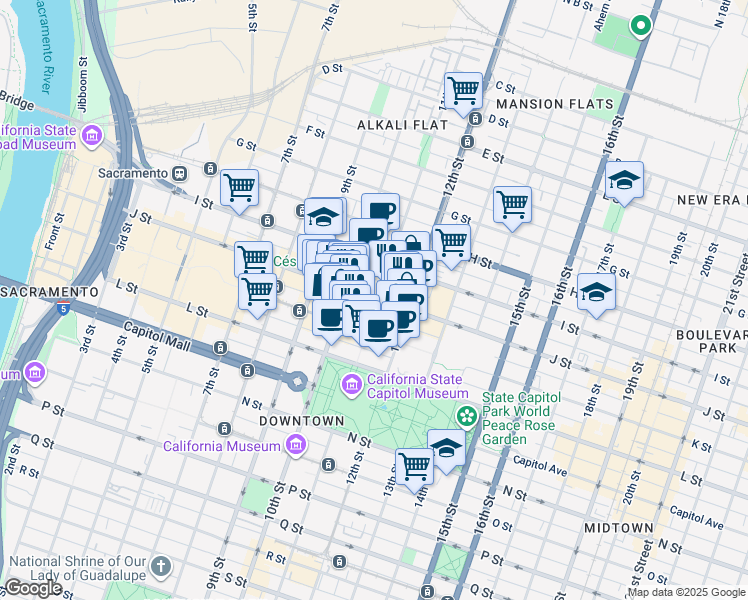 map of restaurants, bars, coffee shops, grocery stores, and more near 1024 J Street in Sacramento