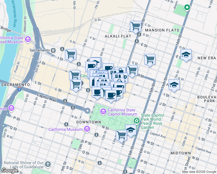 map of restaurants, bars, coffee shops, grocery stores, and more near 1024 J Street in Sacramento