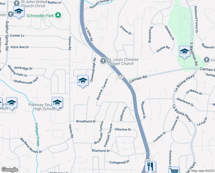 map of restaurants, bars, coffee shops, grocery stores, and more near 619 Burwick Terrace in Ballwin