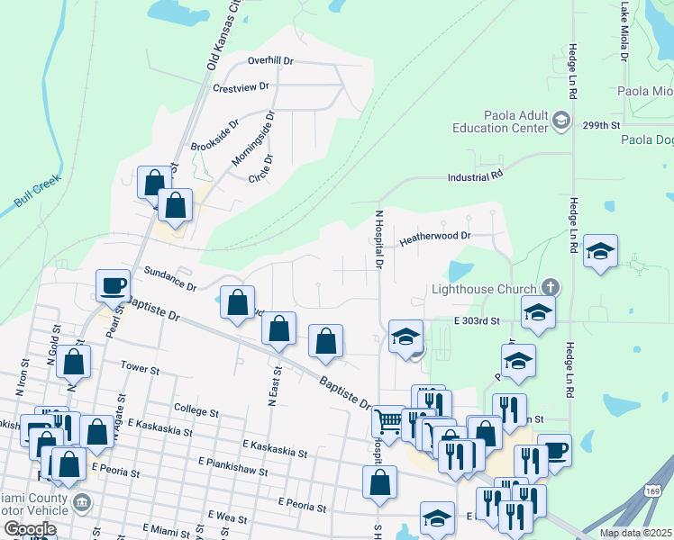 map of restaurants, bars, coffee shops, grocery stores, and more near 900 Prairie Street in Paola