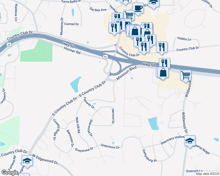 map of restaurants, bars, coffee shops, grocery stores, and more near 701 South Country Club Drive in Jefferson City
