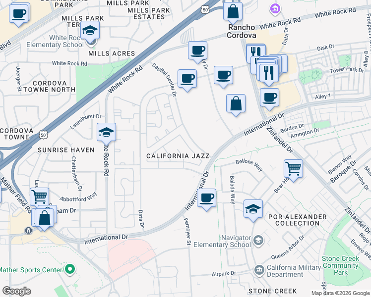 map of restaurants, bars, coffee shops, grocery stores, and more near 10749 Basie Way in Rancho Cordova