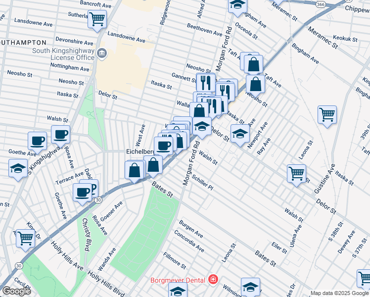 map of restaurants, bars, coffee shops, grocery stores, and more near 204 Walsh Street in St. Louis