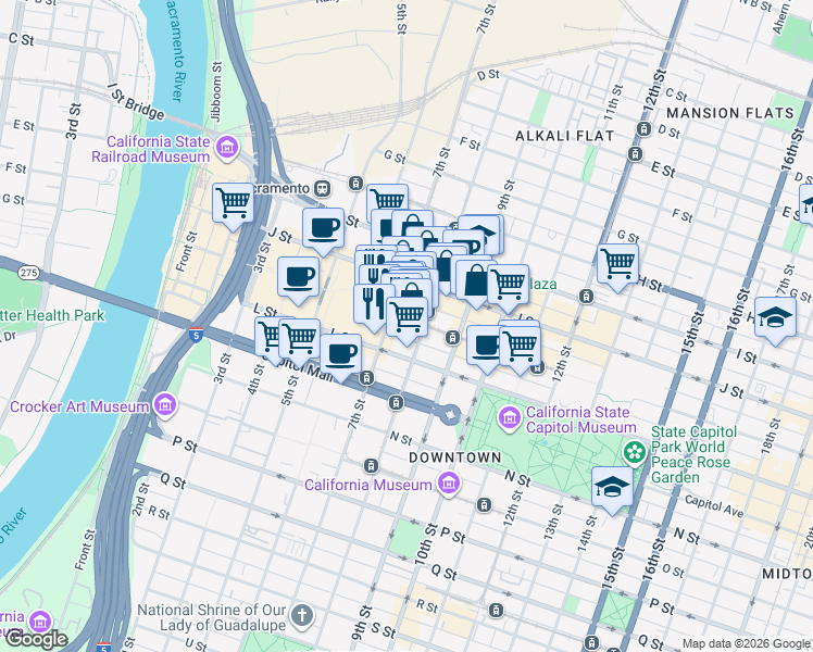 map of restaurants, bars, coffee shops, grocery stores, and more near 722 K Street in Sacramento
