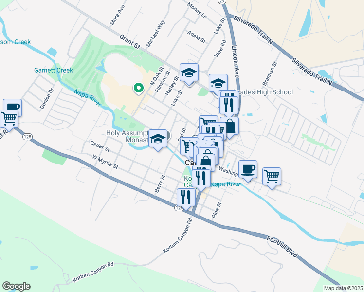 map of restaurants, bars, coffee shops, grocery stores, and more near 1404 3rd Street in Calistoga