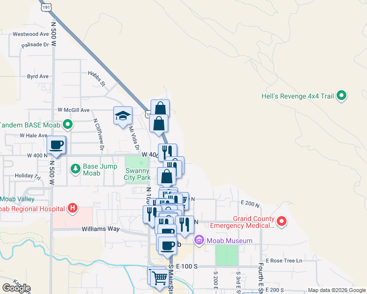 map of restaurants, bars, coffee shops, grocery stores, and more near 474 North Main Street in Moab