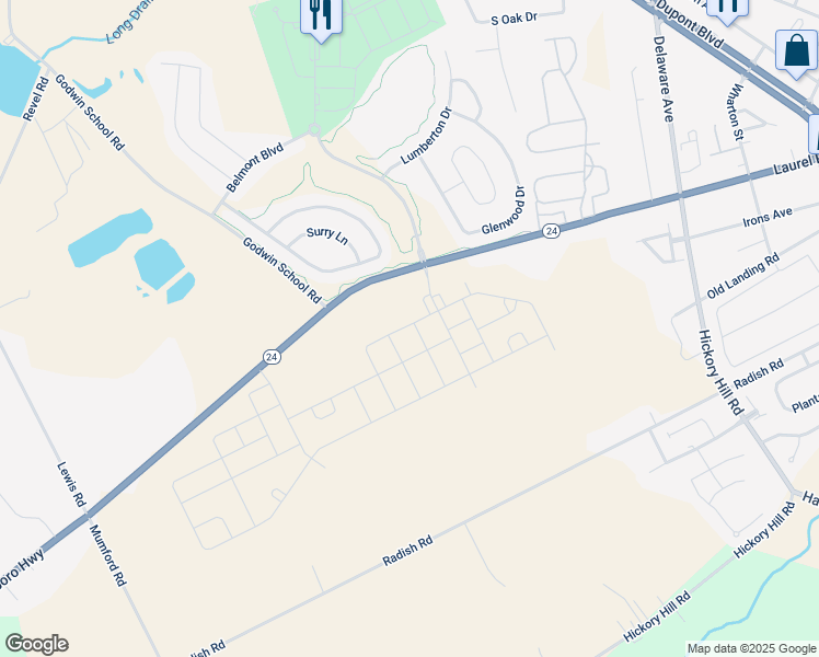 map of restaurants, bars, coffee shops, grocery stores, and more near 29318 Oxford Drive in Millsboro