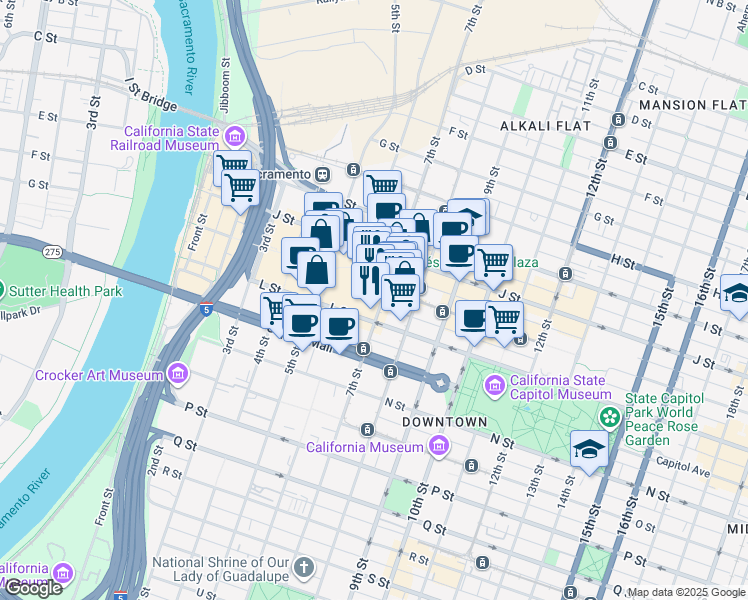 map of restaurants, bars, coffee shops, grocery stores, and more near 630 K Street in Sacramento