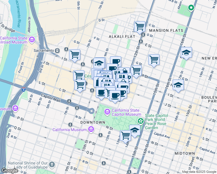 map of restaurants, bars, coffee shops, grocery stores, and more near 1024 J Street in Sacramento