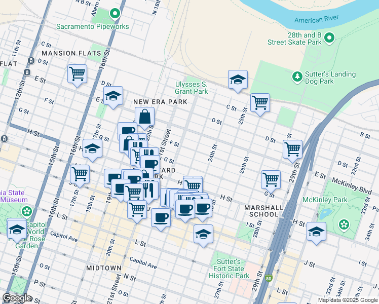 map of restaurants, bars, coffee shops, grocery stores, and more near 2220 F Street in Sacramento