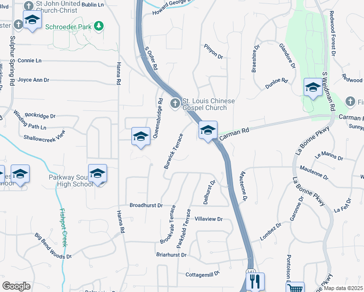 map of restaurants, bars, coffee shops, grocery stores, and more near 619 Burwick Terrace in Ballwin