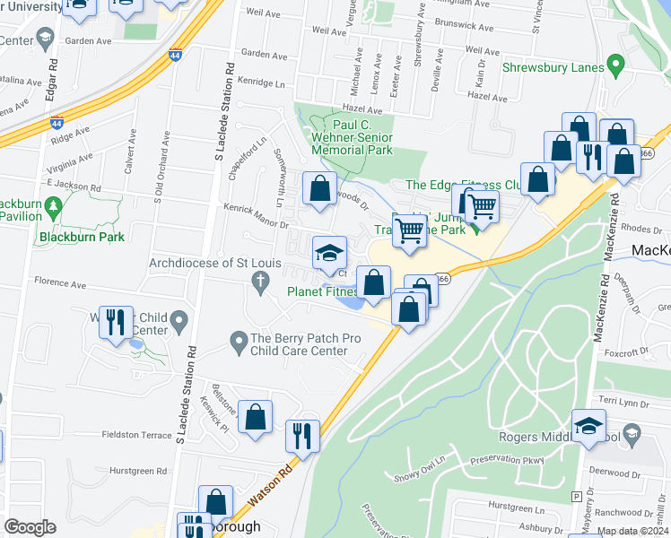 map of restaurants, bars, coffee shops, grocery stores, and more near 7531 Kirky Court in St. Louis