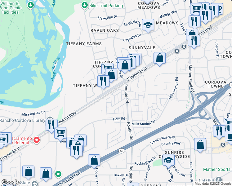 map of restaurants, bars, coffee shops, grocery stores, and more near 10012 Froom Circle in Sacramento