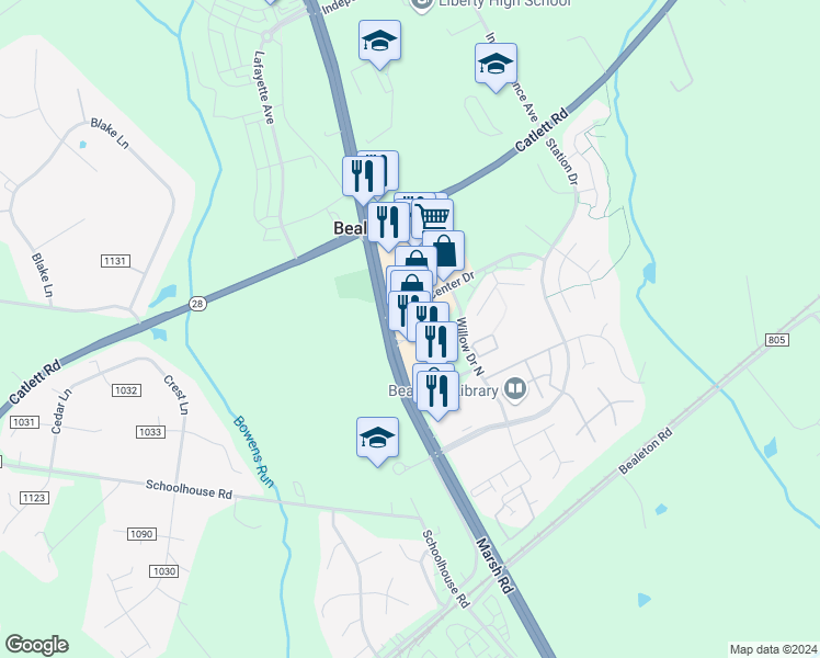 map of restaurants, bars, coffee shops, grocery stores, and more near 11069 Marsh Road in Bealeton