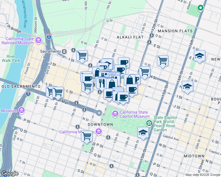 map of restaurants, bars, coffee shops, grocery stores, and more near 1010 10th Street in Sacramento