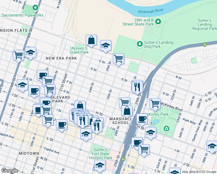 map of restaurants, bars, coffee shops, grocery stores, and more near 2522 E Street in Sacramento