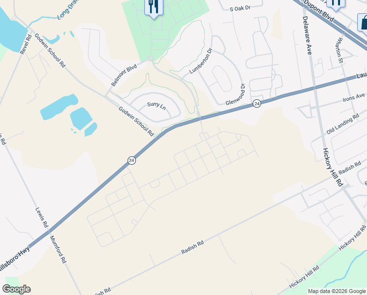 map of restaurants, bars, coffee shops, grocery stores, and more near 29705 Millsboro Highway in Millsboro