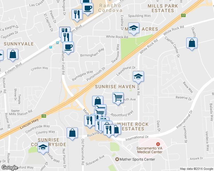 map of restaurants, bars, coffee shops, grocery stores, and more near 3177 Laurelhurst Drive in Rancho Cordova