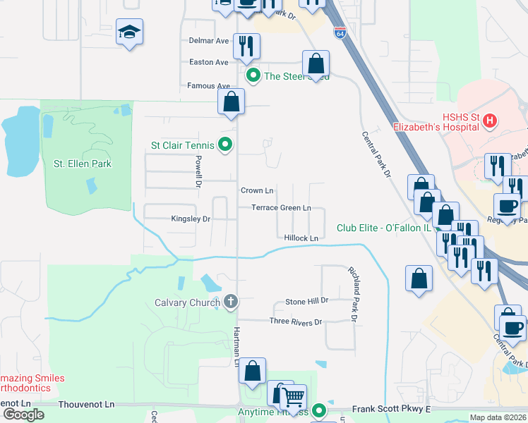 map of restaurants, bars, coffee shops, grocery stores, and more near 1319 Terrace Green Lane in O'Fallon