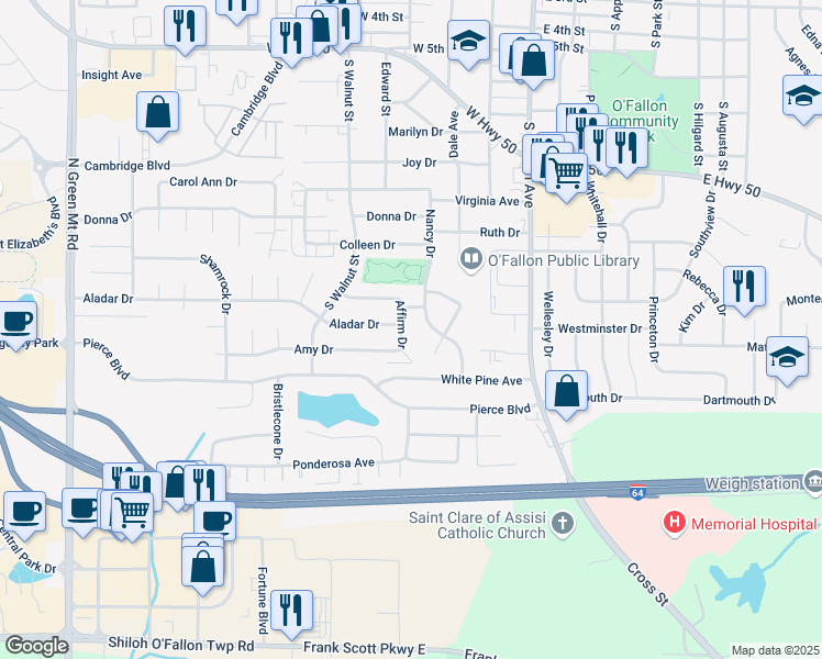 map of restaurants, bars, coffee shops, grocery stores, and more near 1210 Affirm Drive in O'Fallon