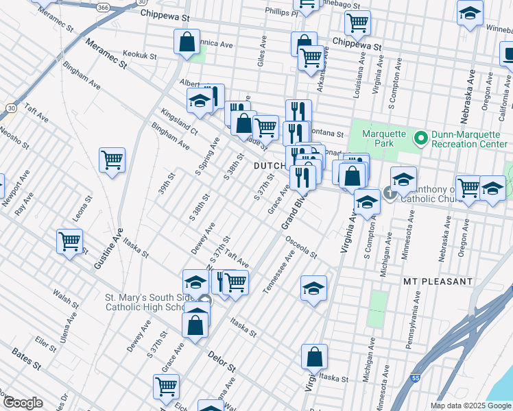 map of restaurants, bars, coffee shops, grocery stores, and more near 4314 South 37th Street in St. Louis